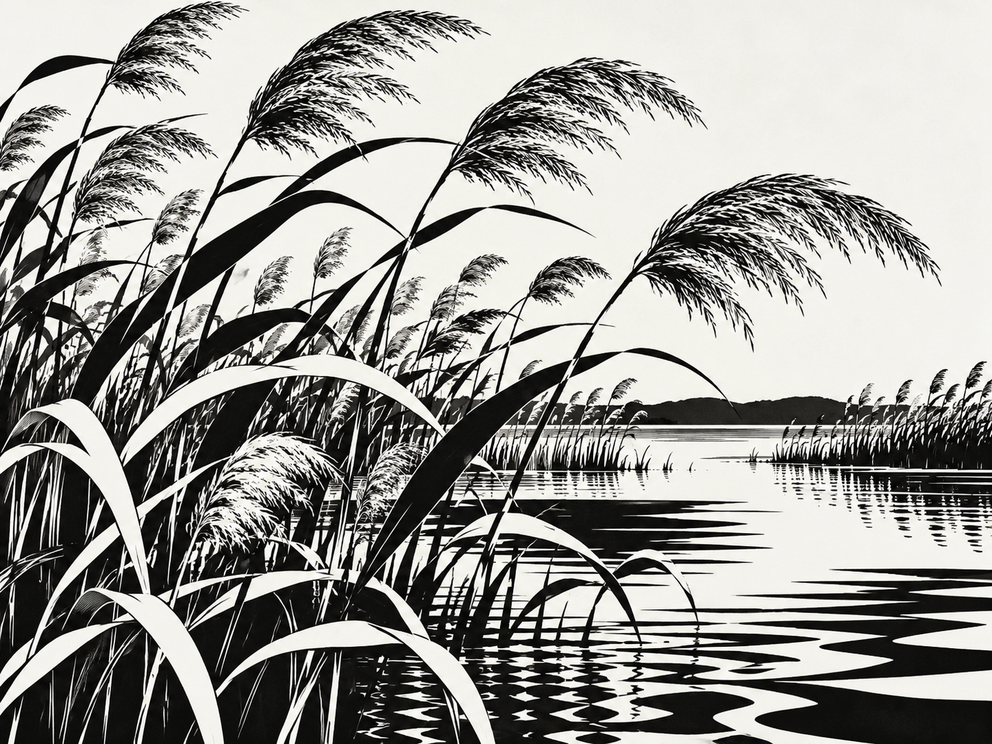 芦苇主题黑白装饰画